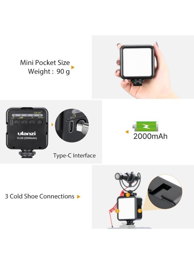 Ulanzi VL49 2000mAh LED Video Light w 3 Cold Shoe, Rechargeable Soft Light Panel, Portable Photography Lighting for DJI OSMO Sony DSLR Canon Camera GoPro Vlogging - Image 2